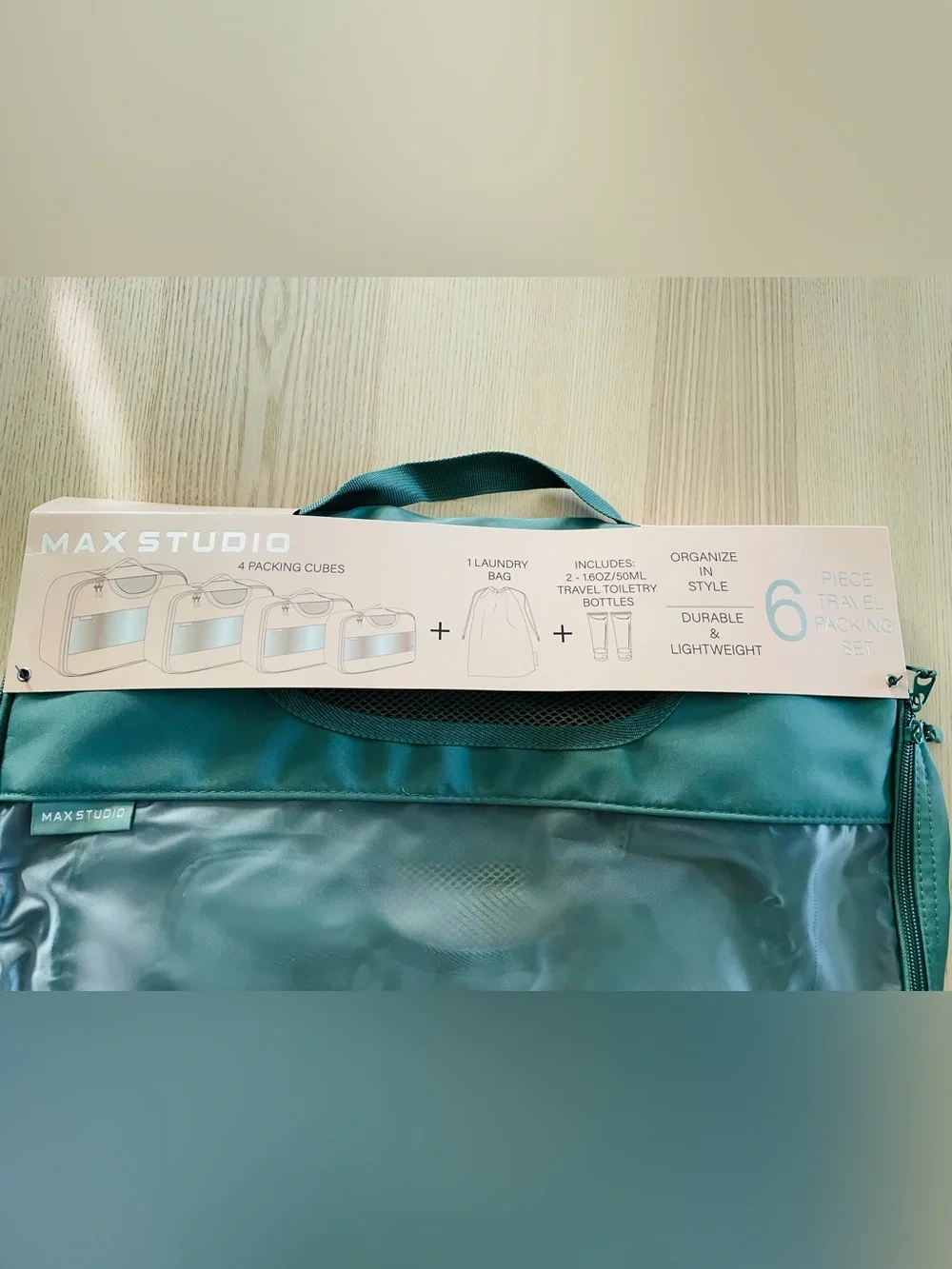 NWT green Max Studio 6-piece travel packing set: packing cubes, toiletry,bag